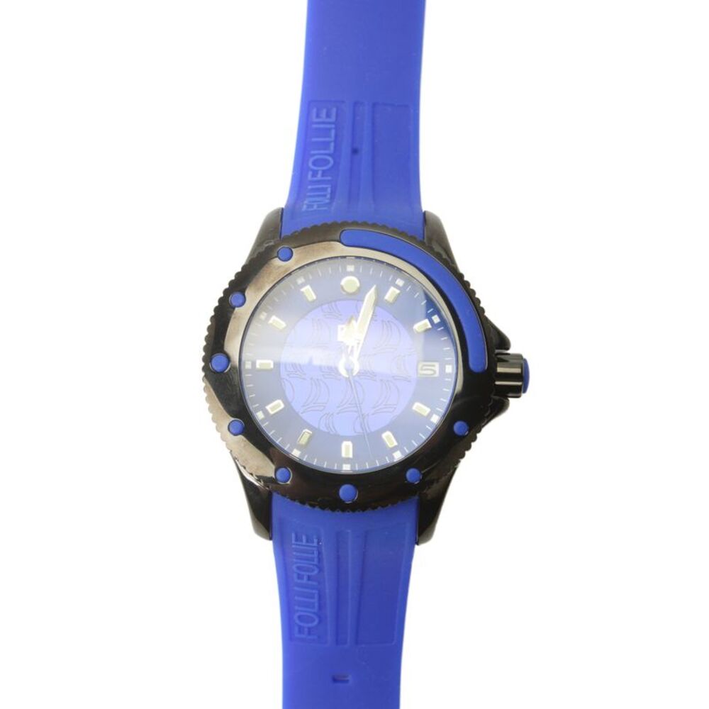 Folli Follie Womens Black Stainless Steel Blue WF1Y00ZDU Quartz Watch 44mm NWOT
